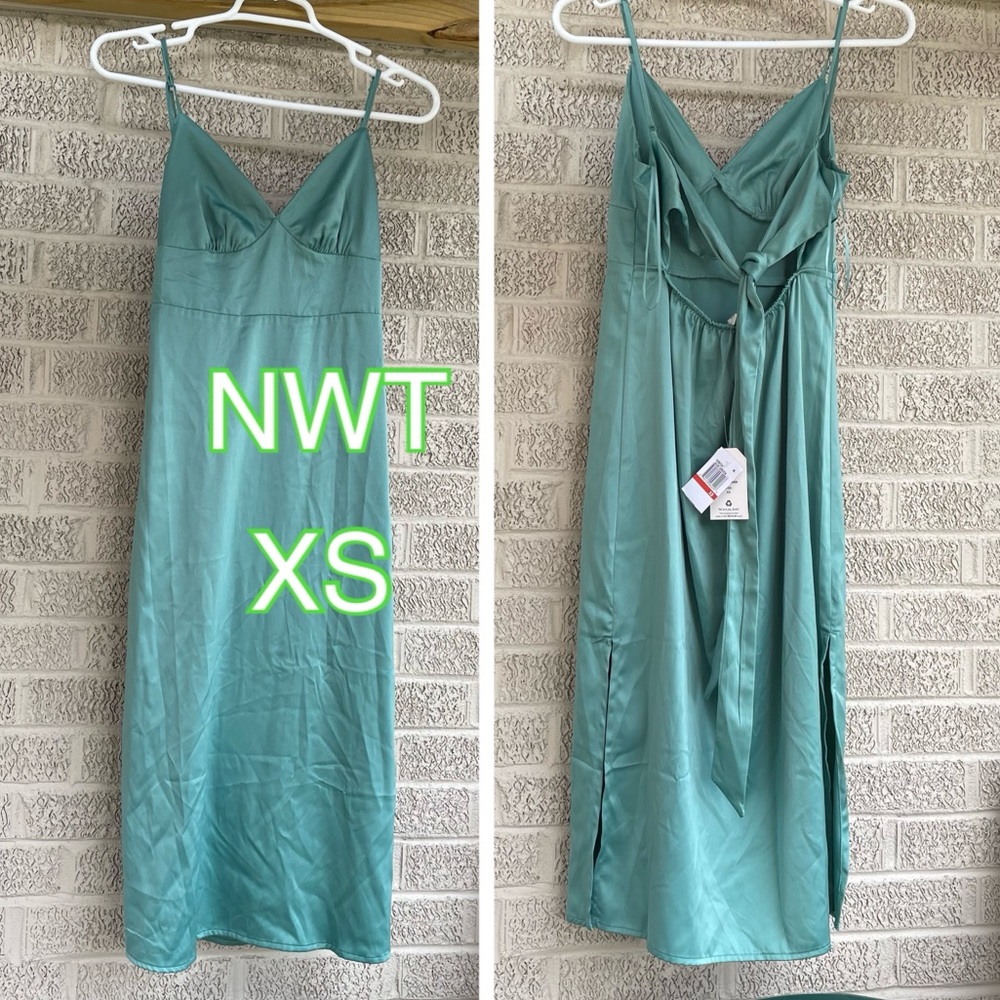 Mint jade green satin shift dress aqua NWT spaghetti strap midi peephole back XS